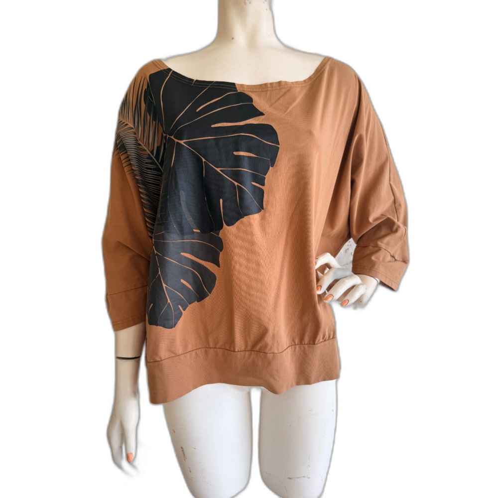 TANOA Samoa Top Size Plus 3XL Brown Black Floral Stretch Jersey Hawaii Aloha